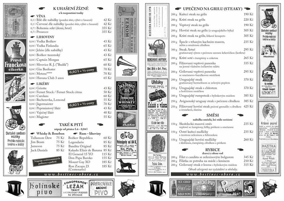 Hostinec Obora Trpišov - Jídelní lístek restaurace